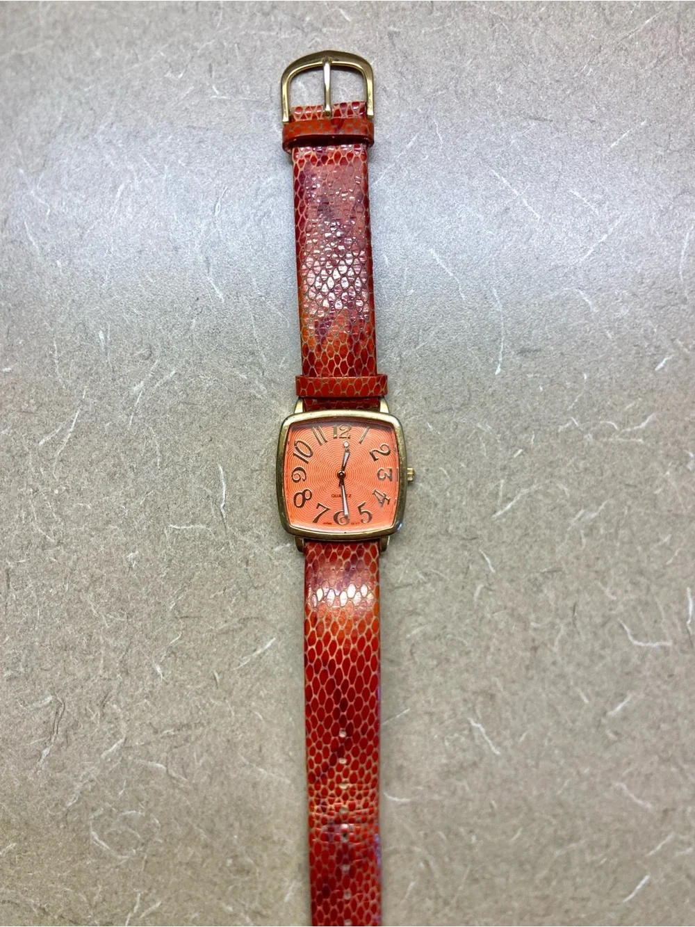 Orange Square Dial Watch with Textured Red-Orange Leather Strap
